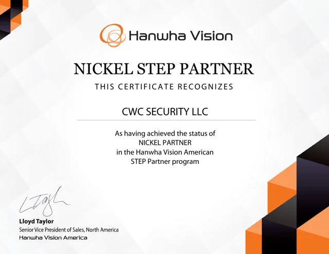 Hanwha Vision Nickel STEP Partner certificate awarded to CWC Security LLC