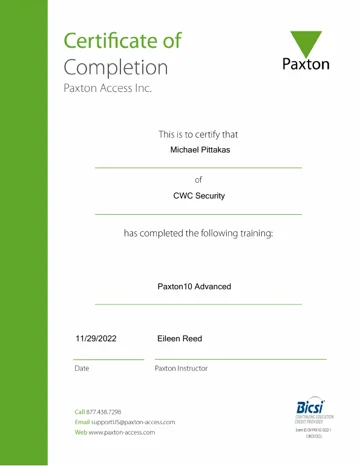 Paxton10 Advanced training certificate, Michael Pittakas, CWC Security