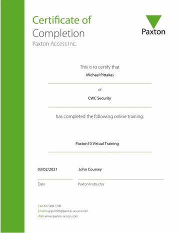 Paxton10 Virtual training certificate, Michael Pittakas, CWC Security